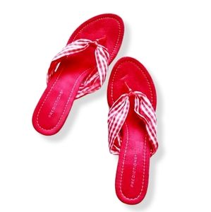 PREDICTIONS Red Gingham Flip Flop Wedge Sandals